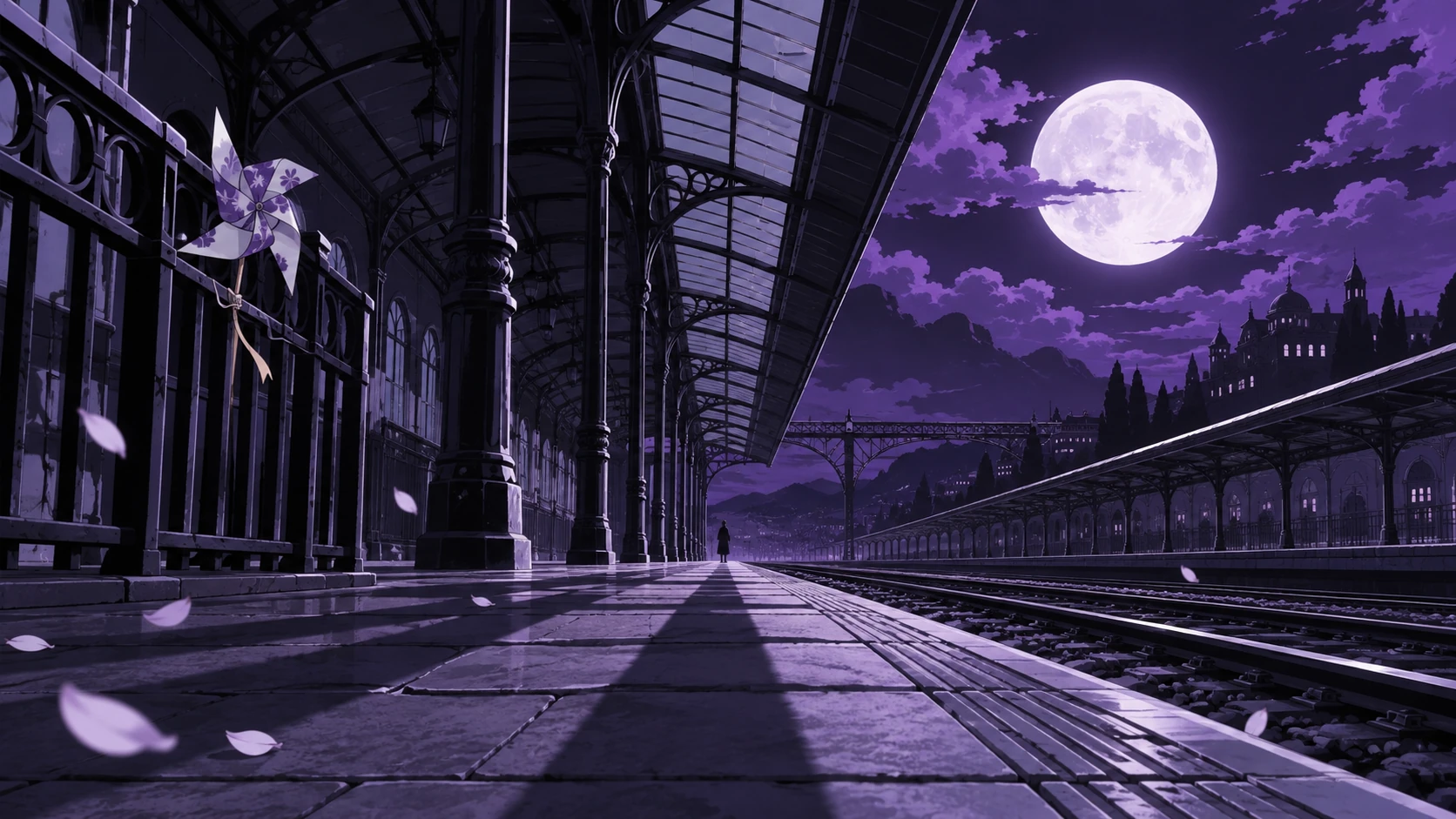 以紫色夜空與月光為背景、帶強烈透視的車站動畫概念圖